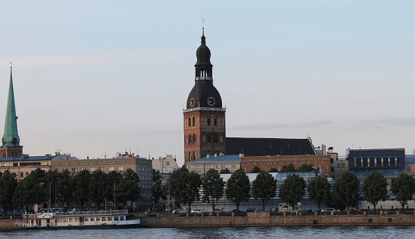 Dome Cathedral In Riga A View From River Daugava Boat Tour.